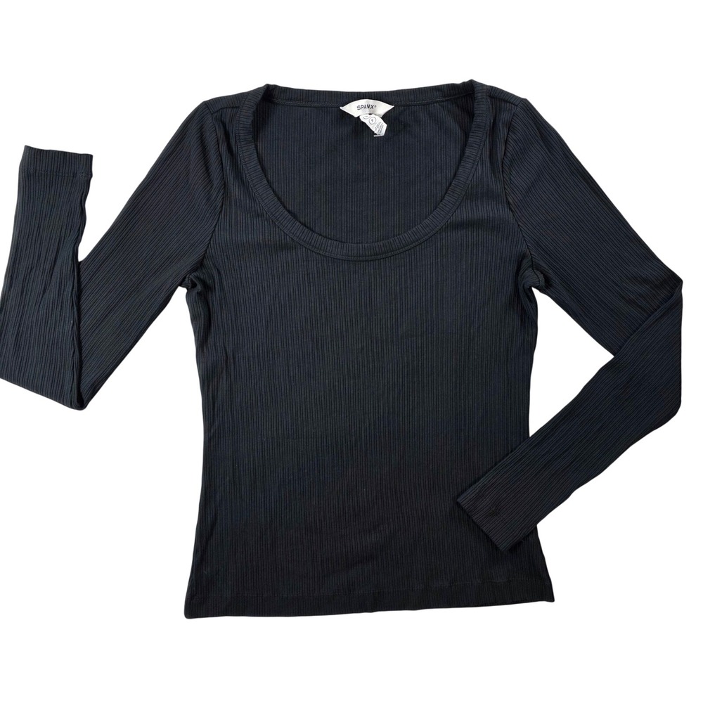 Spanx Women Small Black Top Long Sleeve Ribbed Scoop Neck‎ Minimalist Chic